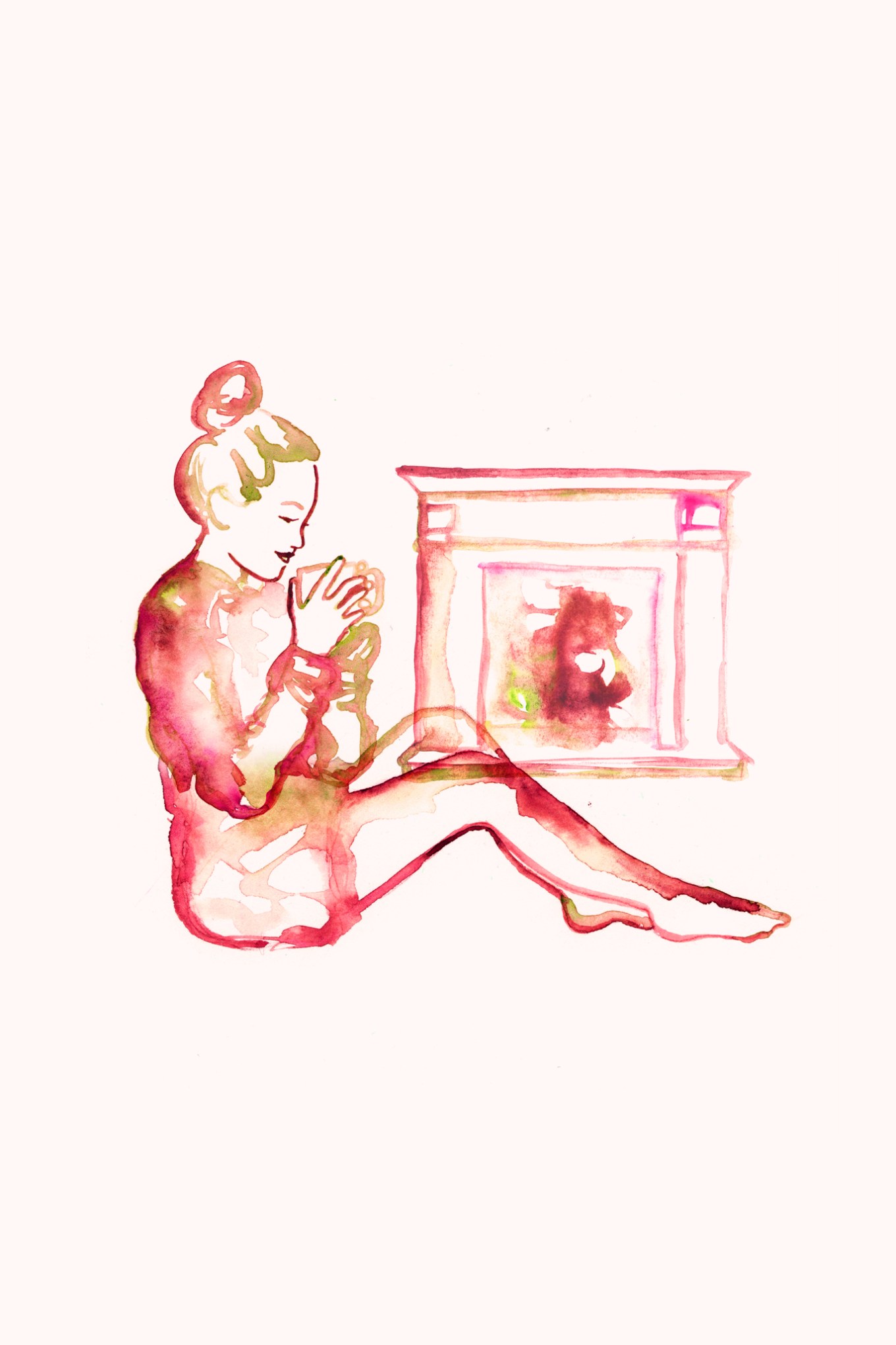 Woman staying warm by her home fireplace