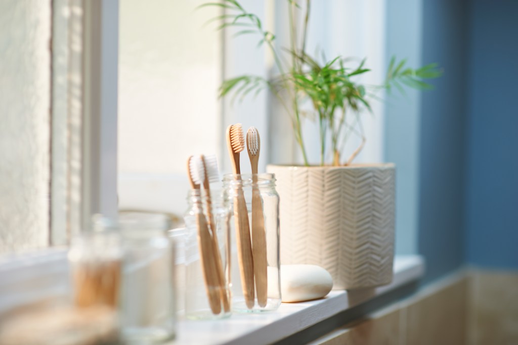 clean bathroom items on window ledge