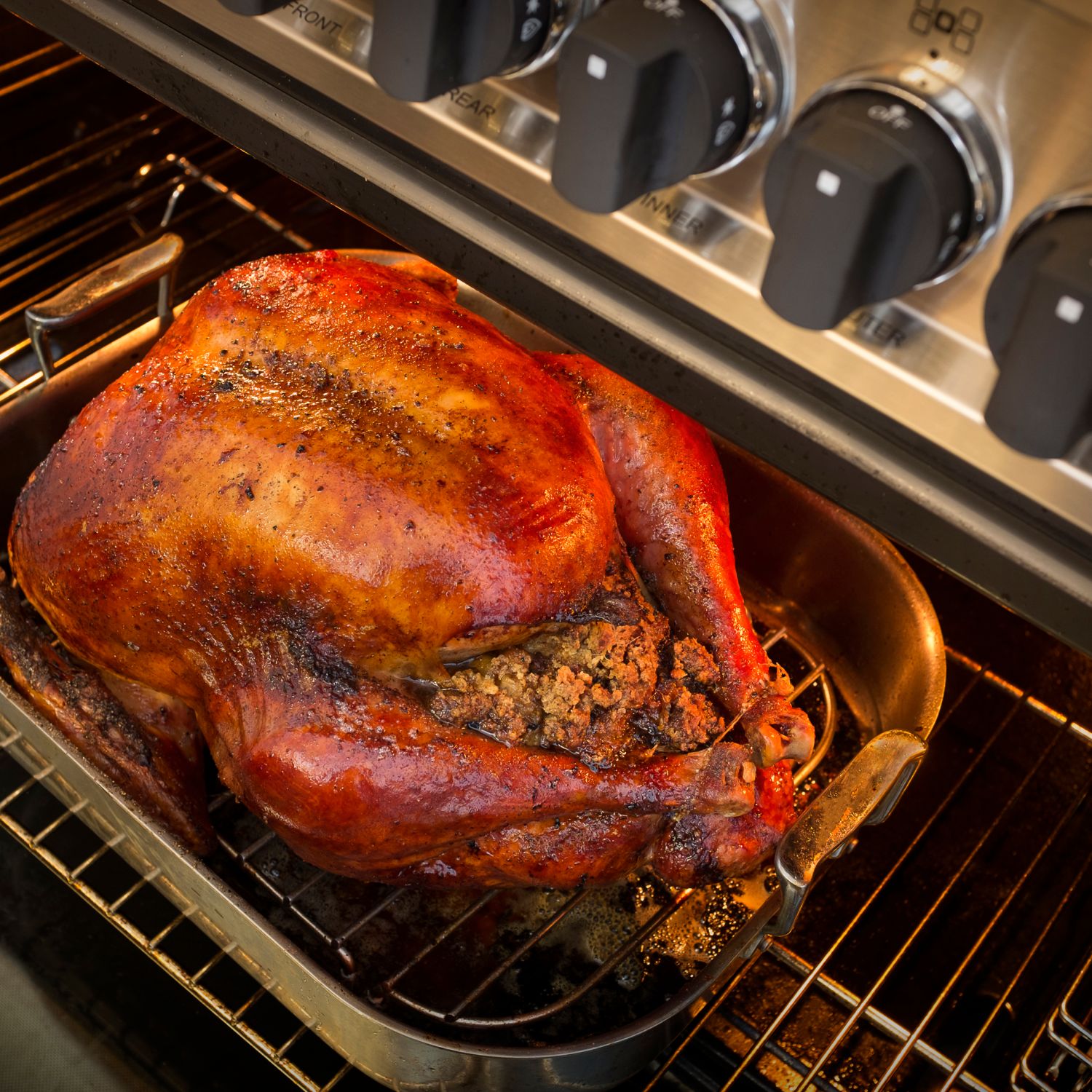 A roasted turkey in an open oven for a Thanksgiving meal.