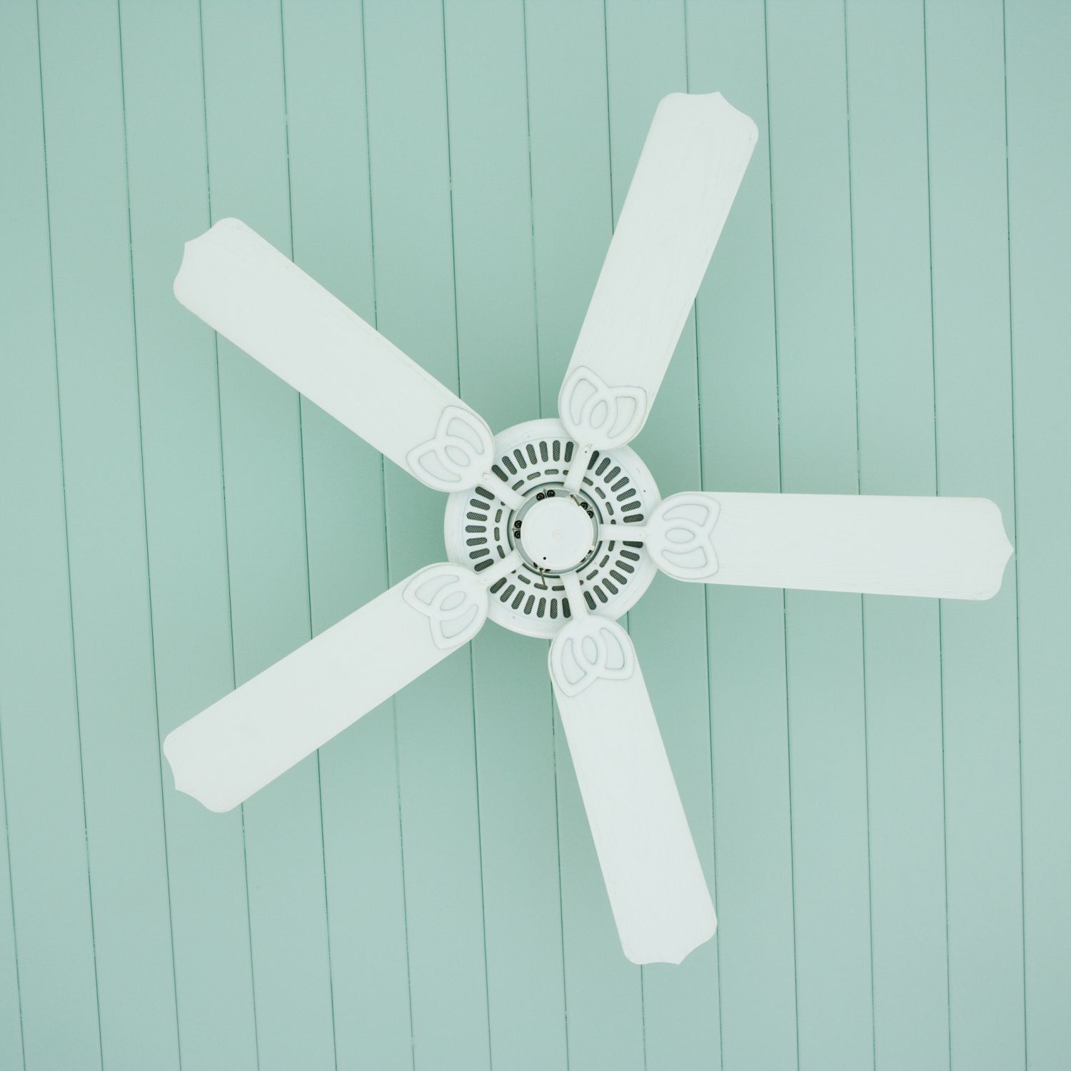 A white ceiling fan, not moving, on a green ceiling.