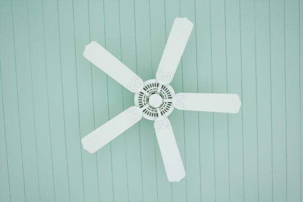 A white ceiling fan, not moving, on a green ceiling.