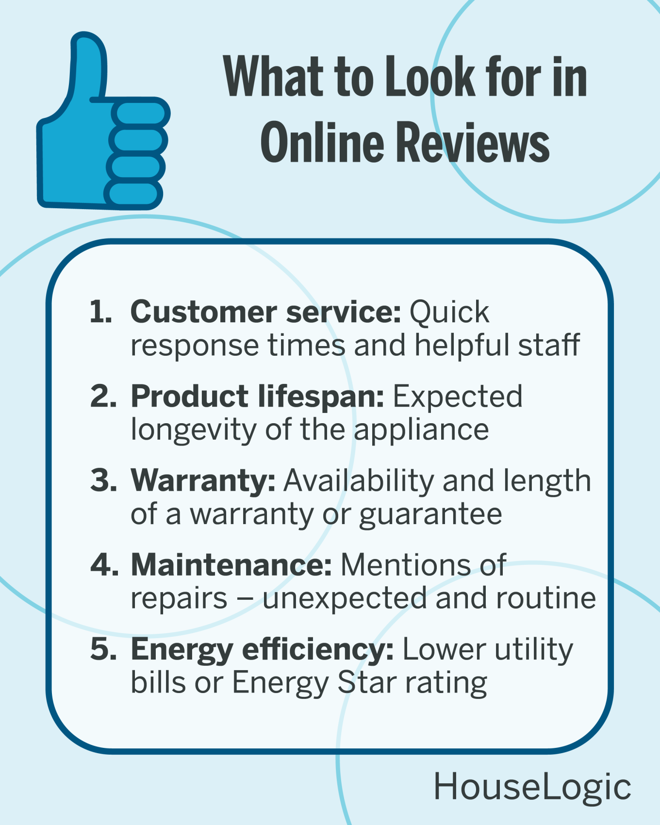 Look for mentions of customer service, product lifespan, warranty information, maintenance information, and energy efficiency when looking at online reviews.