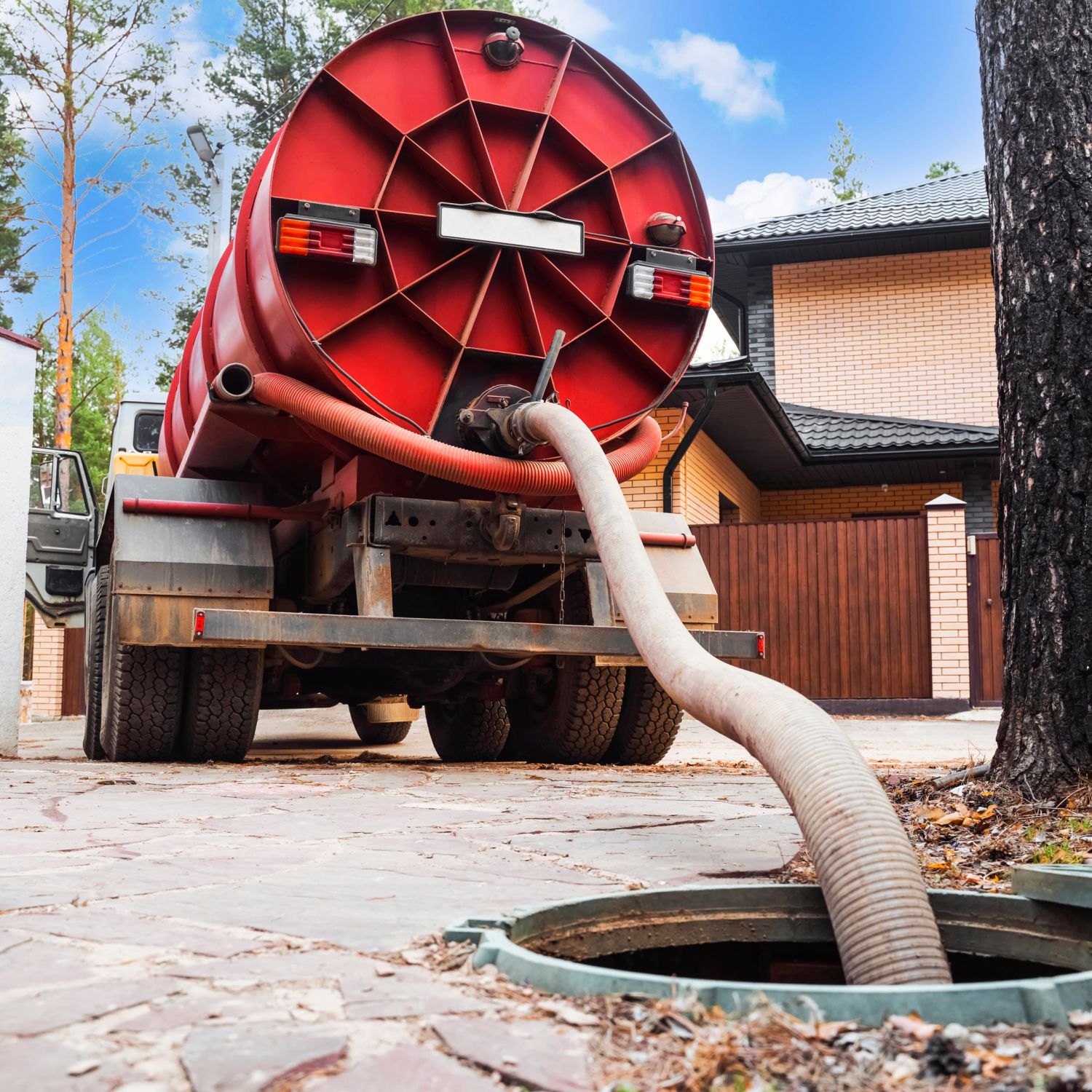 A sewage tank truck pumping out sewage from a septic tank.