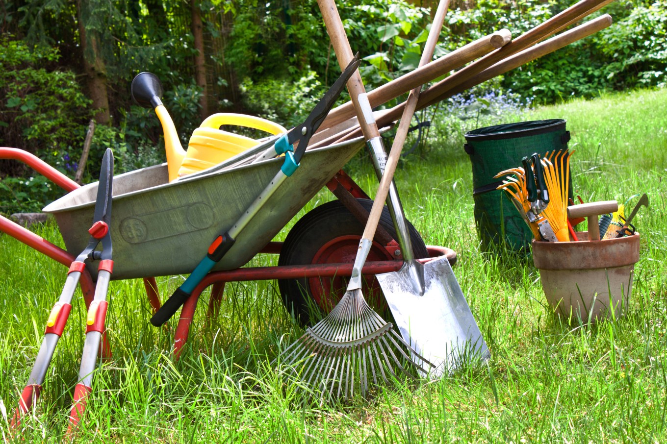 Various landscaping tools in the garden background