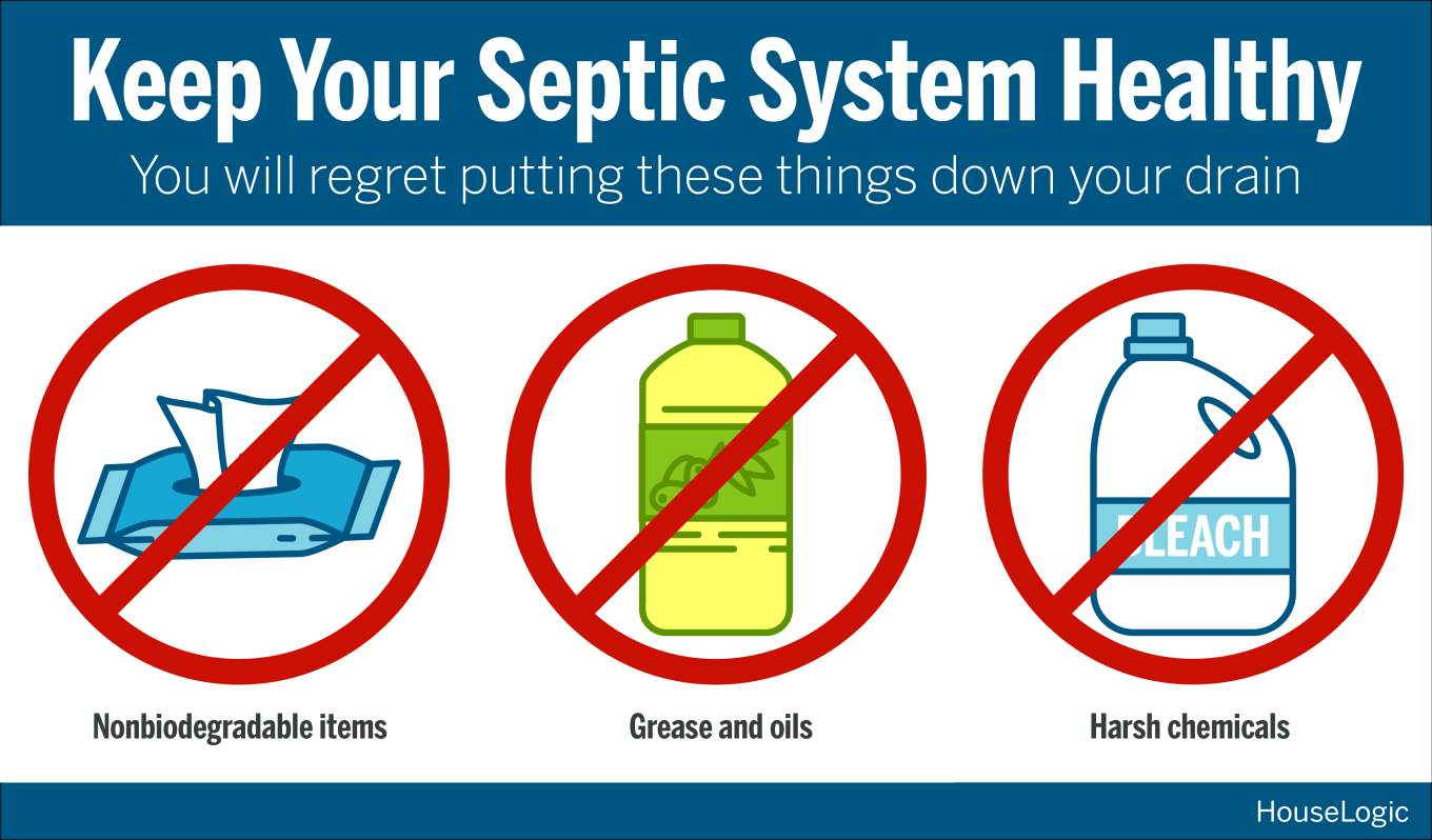 Graphic showing how to keep your septic system healthy including not putting nonbiodegradable items, grease and oils, and harsh chemicals down the drain.