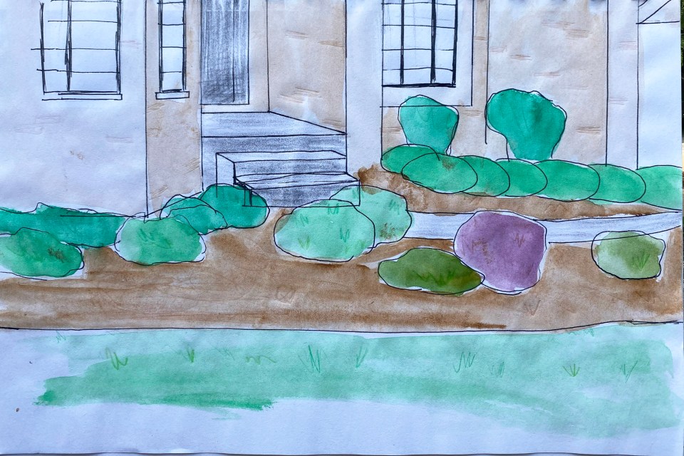 A watercolor sketch of a landscaped yard.