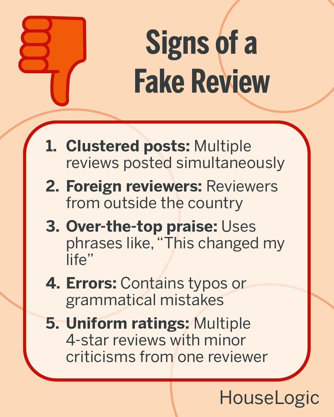 Signs of a fake review include: Clustered posts, foreign reviewers, over-the-top-praise, errors, and uniform ratings