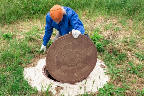 A man checking a plumbing well much like one would for a septic inspection.