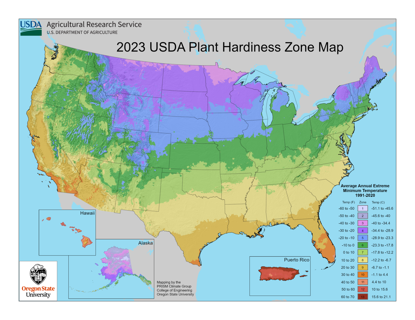 A map of plant hardiness zones in the United States.