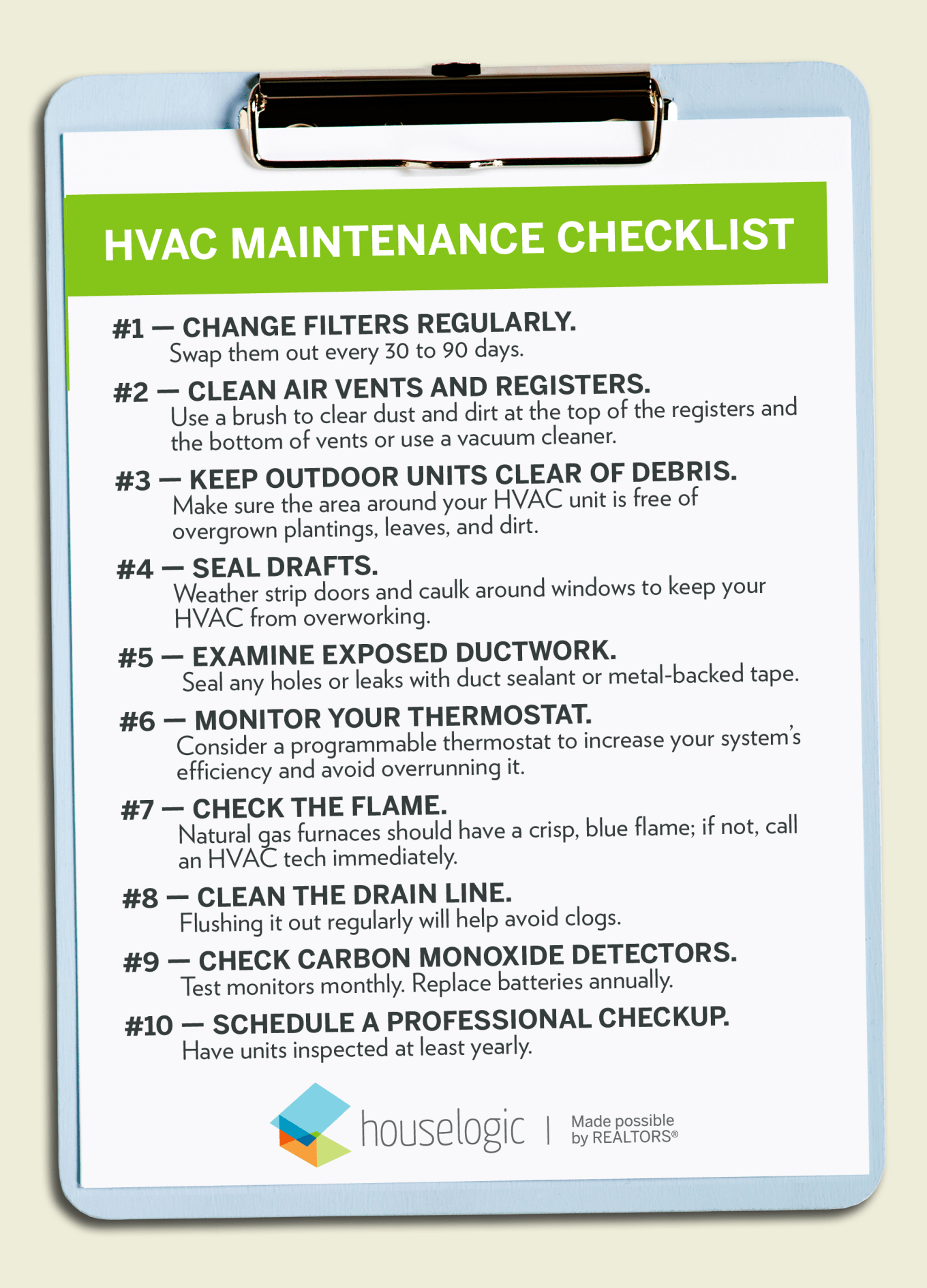 A clipboard showing an HVAC maintenance checklist including items such as to change filters regularly, clean air vents and registers, and seal drafts.