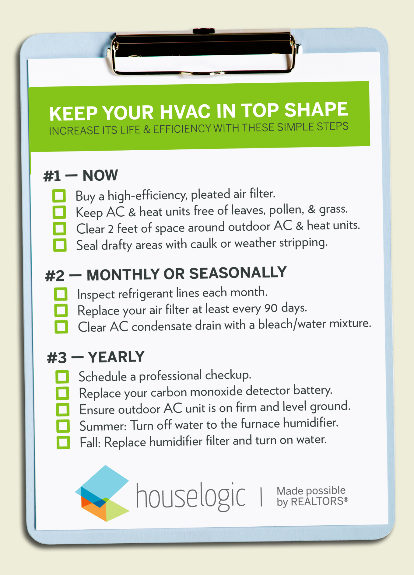 Recommendations to keep your HVAC in top shape grouped by whether they should be done "now", "monthly or seasonally" or "yearly".