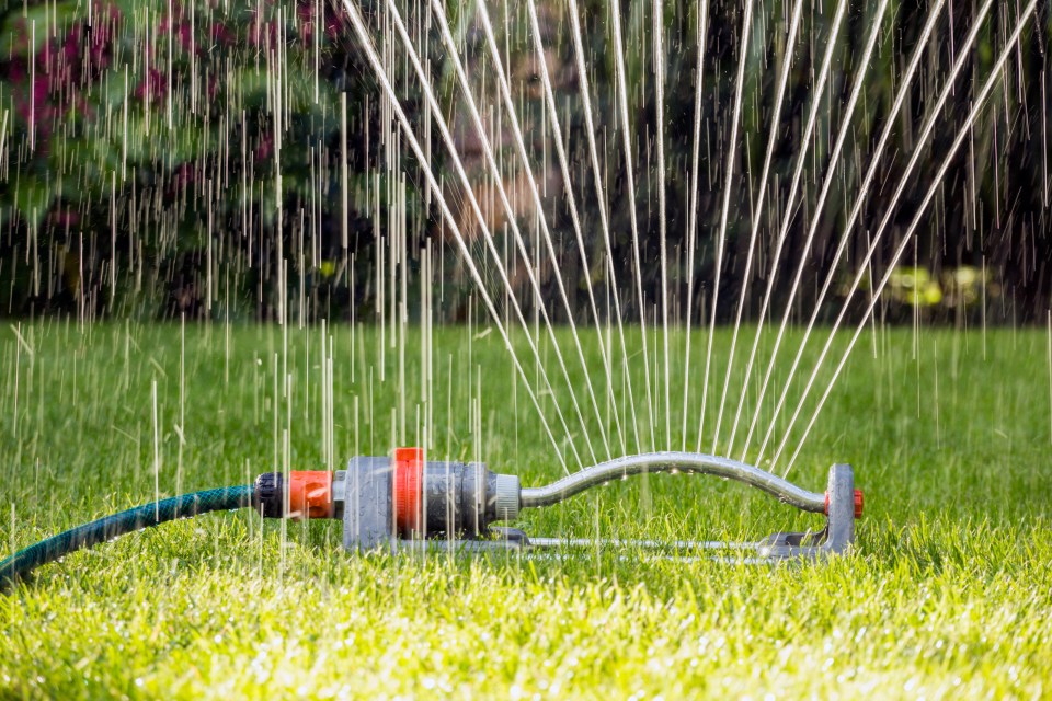 An above ground, sprinkler system dispersing water.