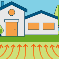 A graphic of a typical house with arrows showing where, and how, radon can enter a home.