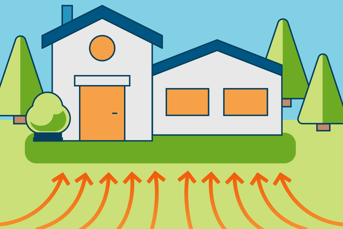 A graphic of a typical house with arrows showing where, and how, radon can enter a home.