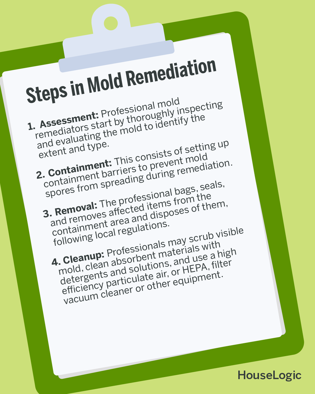 A graphic of a clipboard detailing steps in mold remediation. Those steps are assessment, containment, removal, and cleanup.