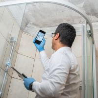 A home insurance adjuster taking photos of a spot with mold in a home.