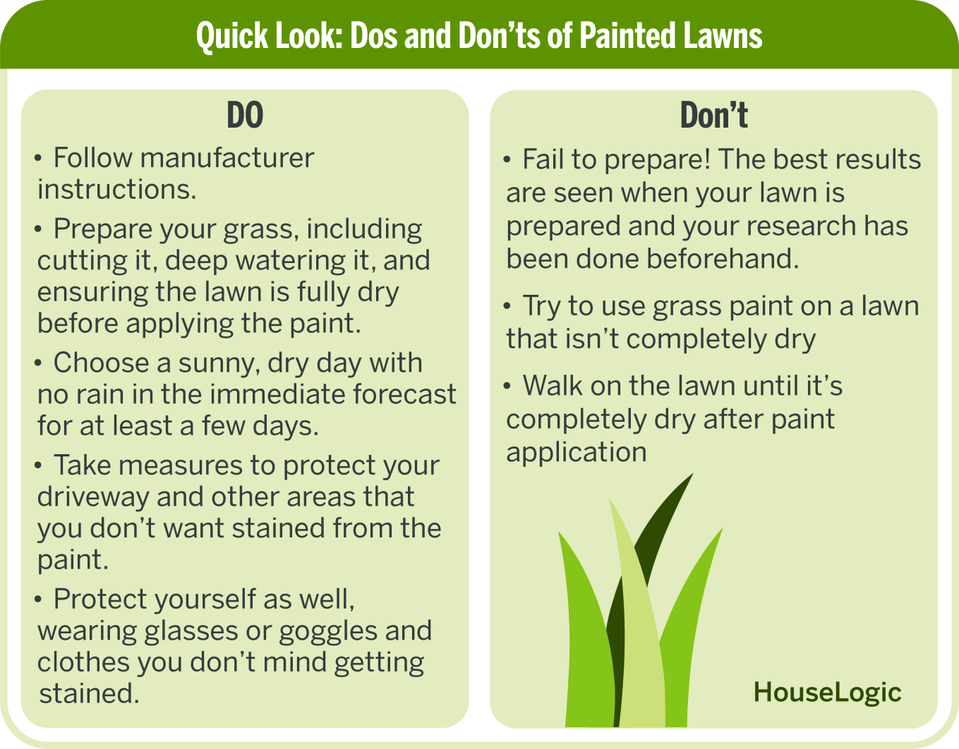 A quick look at the dos and don'ts of painted lawns such as do follow manufacturer instructions.