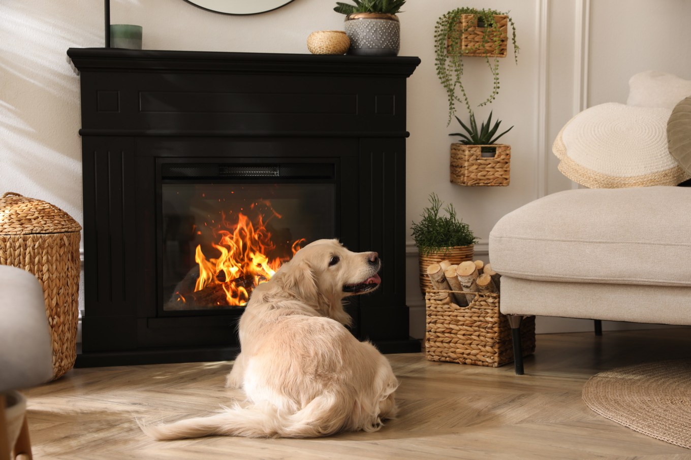 Adorable Golden Retriever dog on floor near electric fireplace indoors