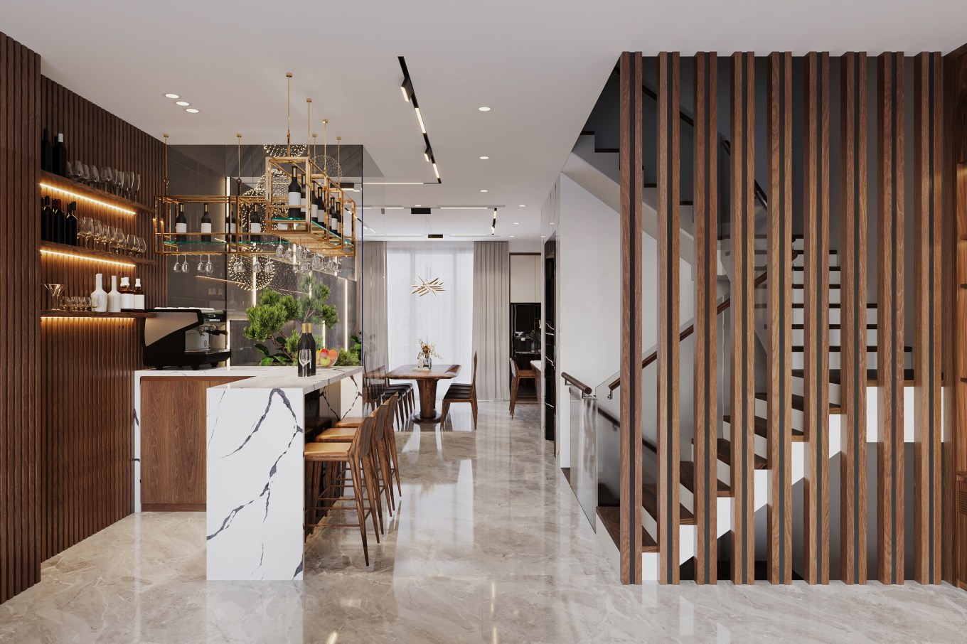 A modern room with stairs and wood accenting the walls and stairs.