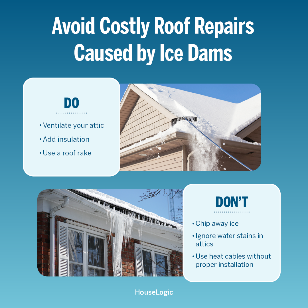 A graphic sharing the Do's and Don'ts to avoid costly roof repairs caused by ice dams.