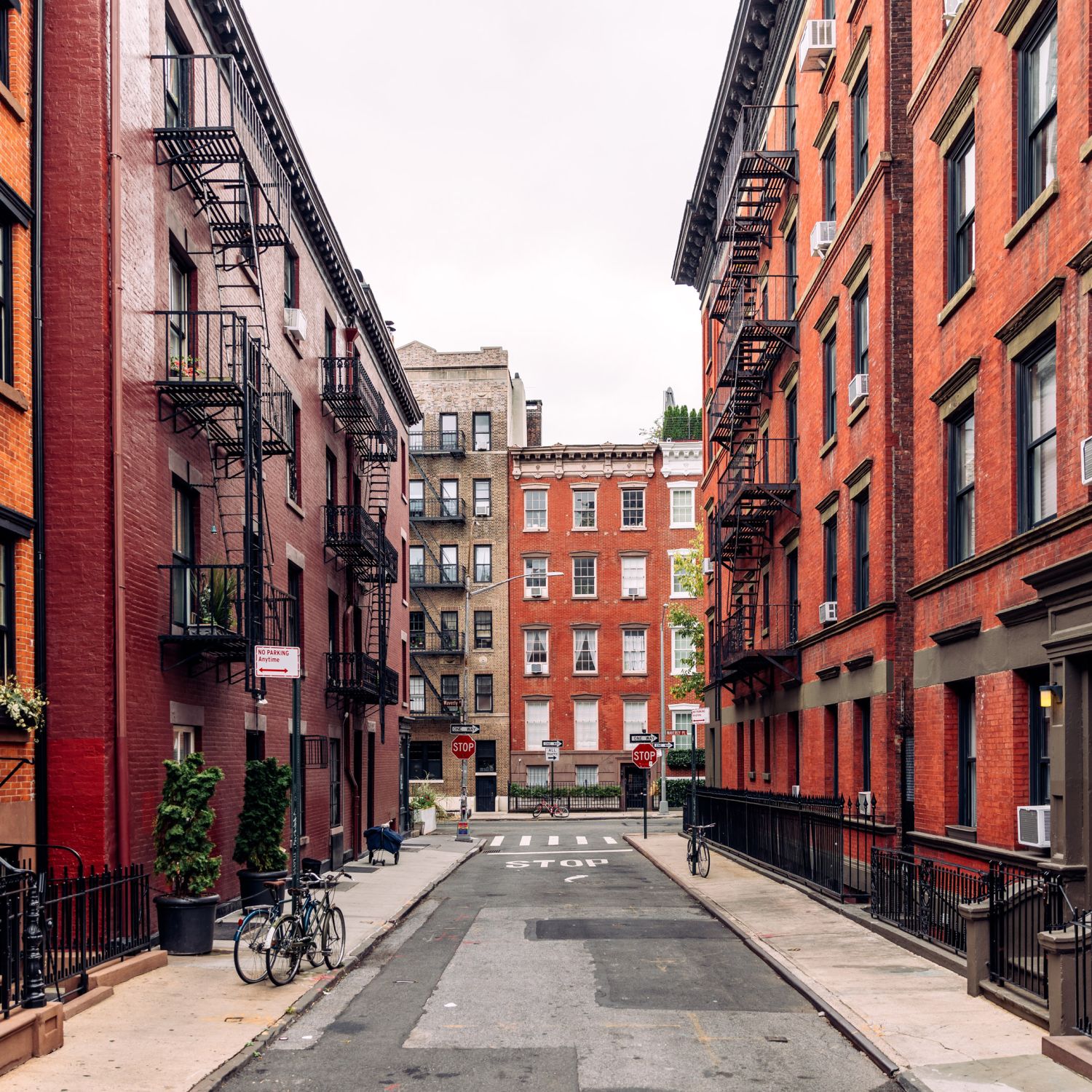 A view of a residential street featuring co-ops, also known as cooperative housing.