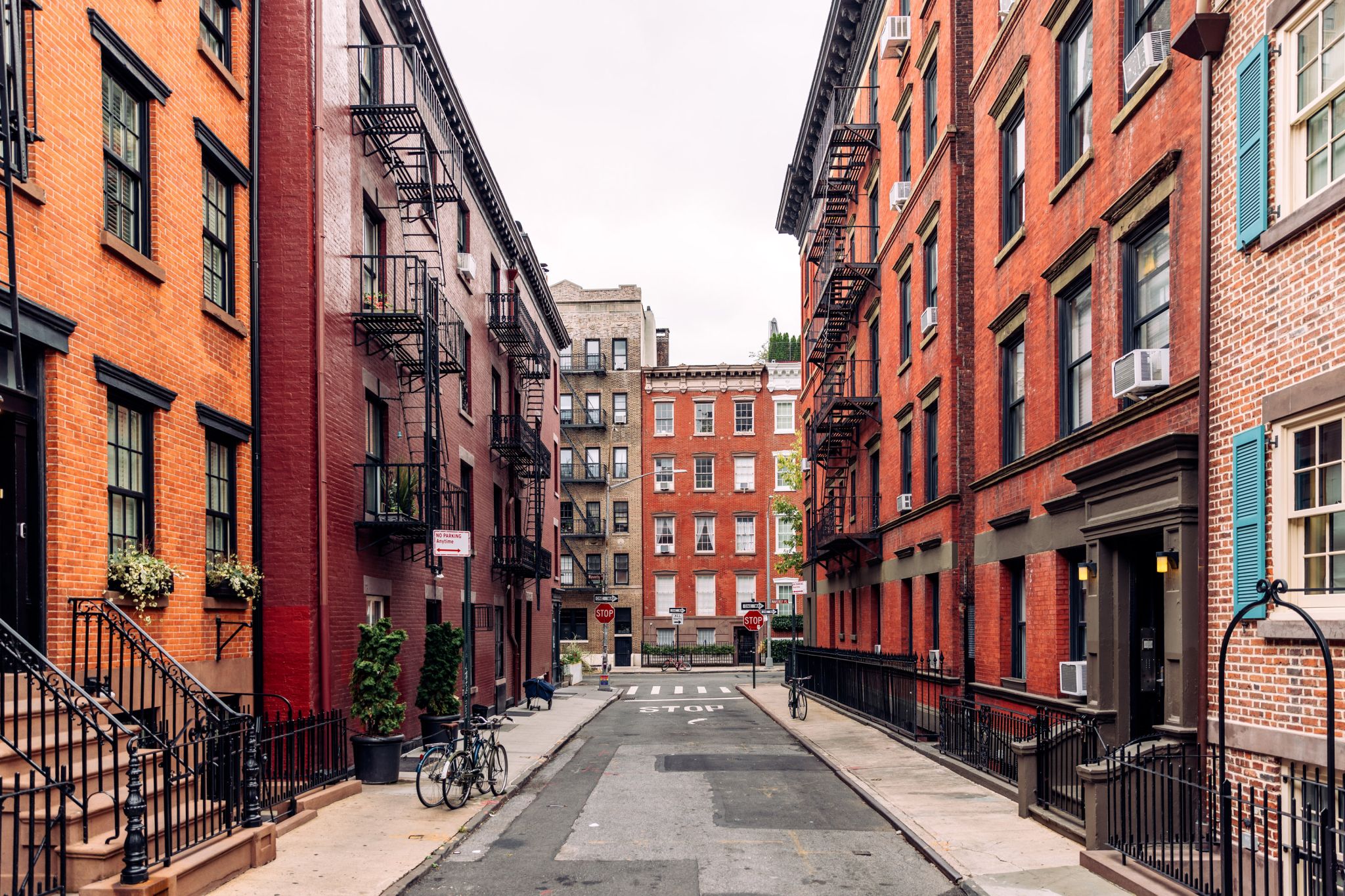 A view of a residential street featuring co-ops, also known as cooperative housing.