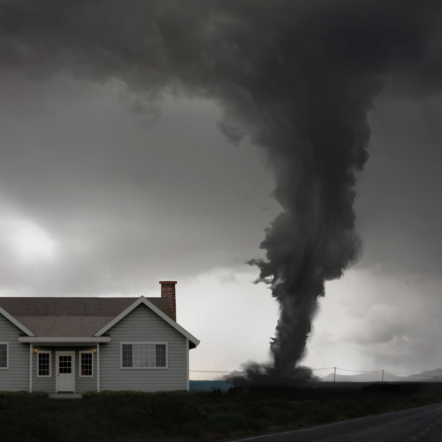 Tornado approaching house in rural landscape.