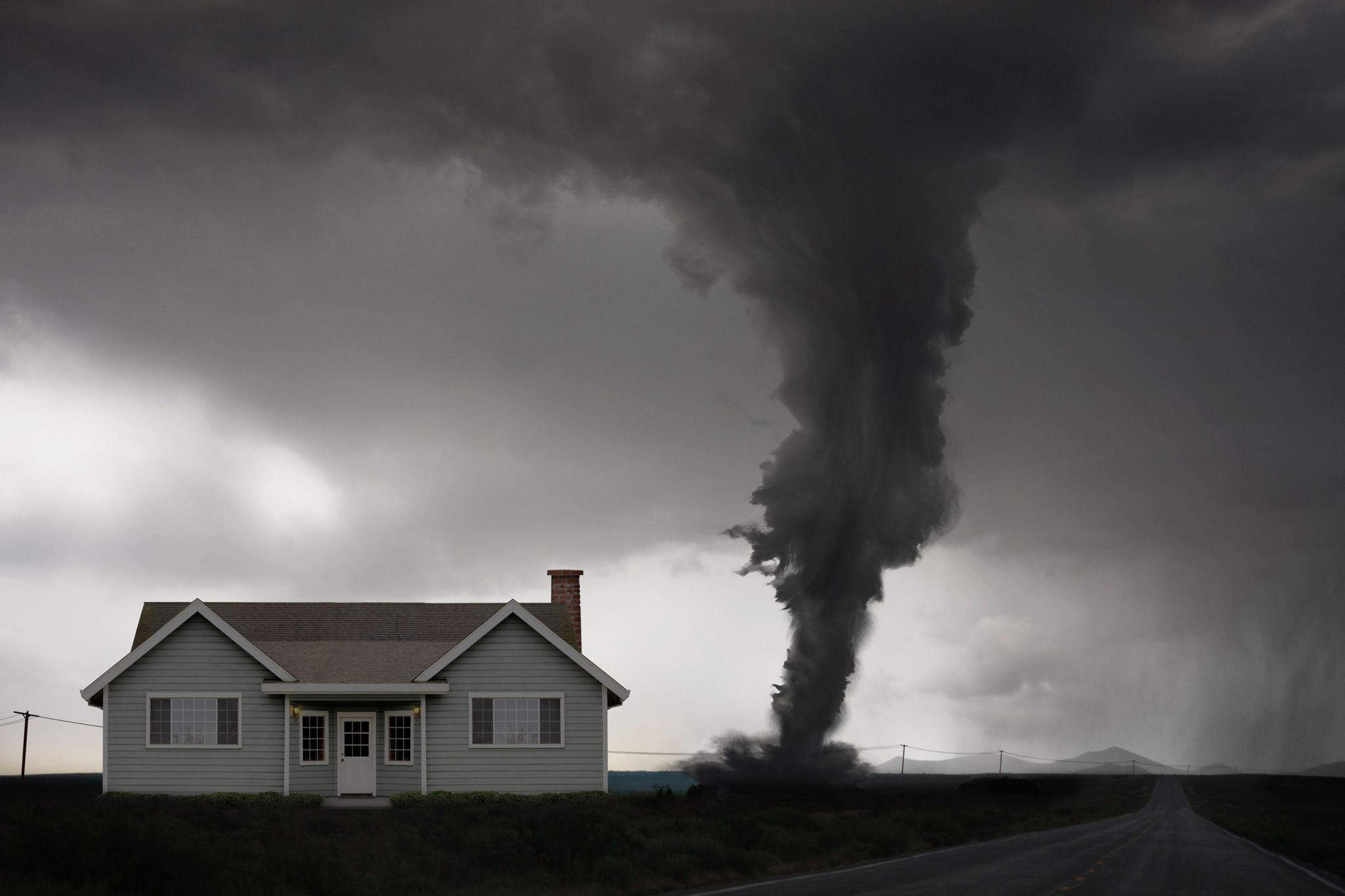 Tornado approaching house in rural landscape.