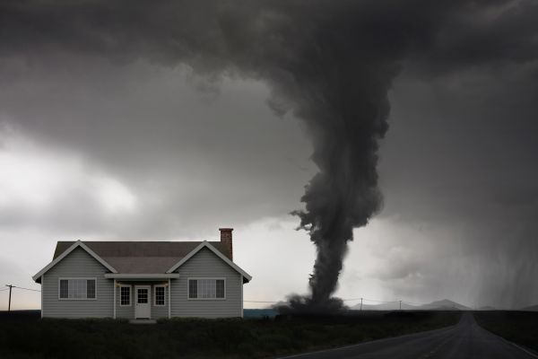 Tornado approaching house in rural landscape.