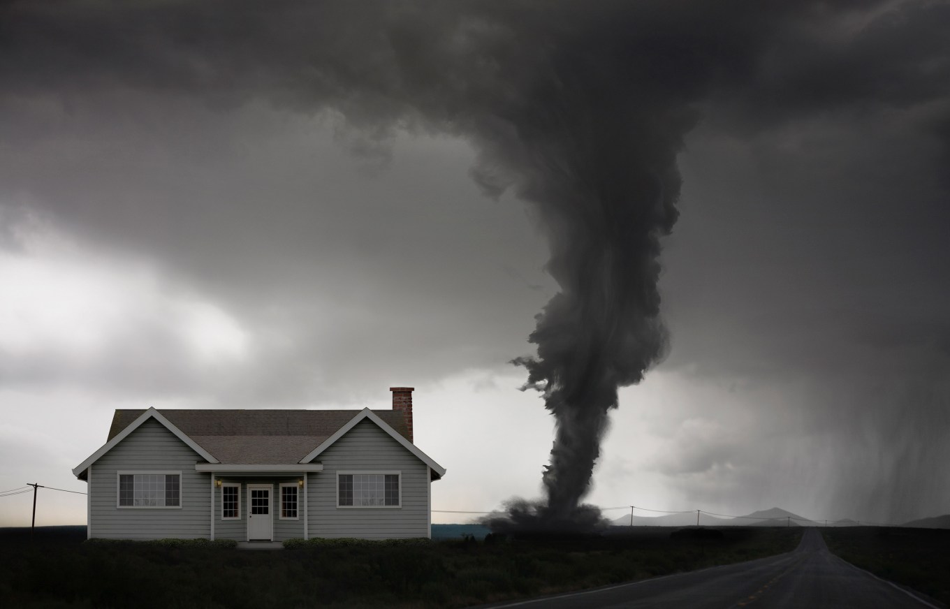 Tornado approaching house in rural landscape.